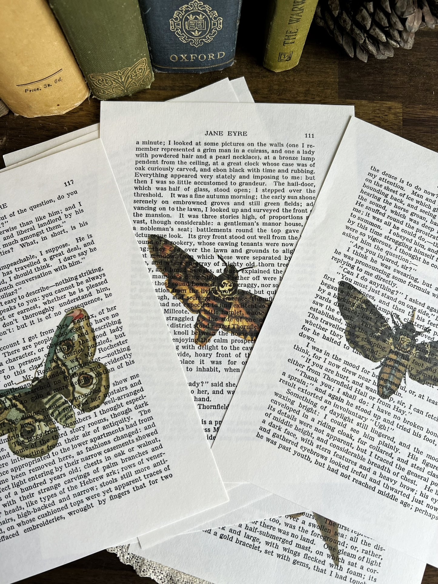 Set of 8 moth prints on Jane Eyre book pages