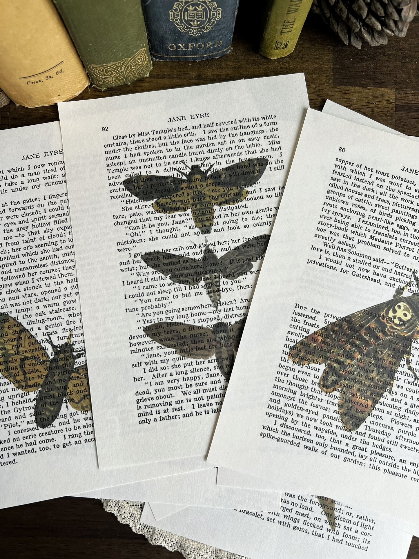 Set of 8 moth prints on Jane Eyre book pages